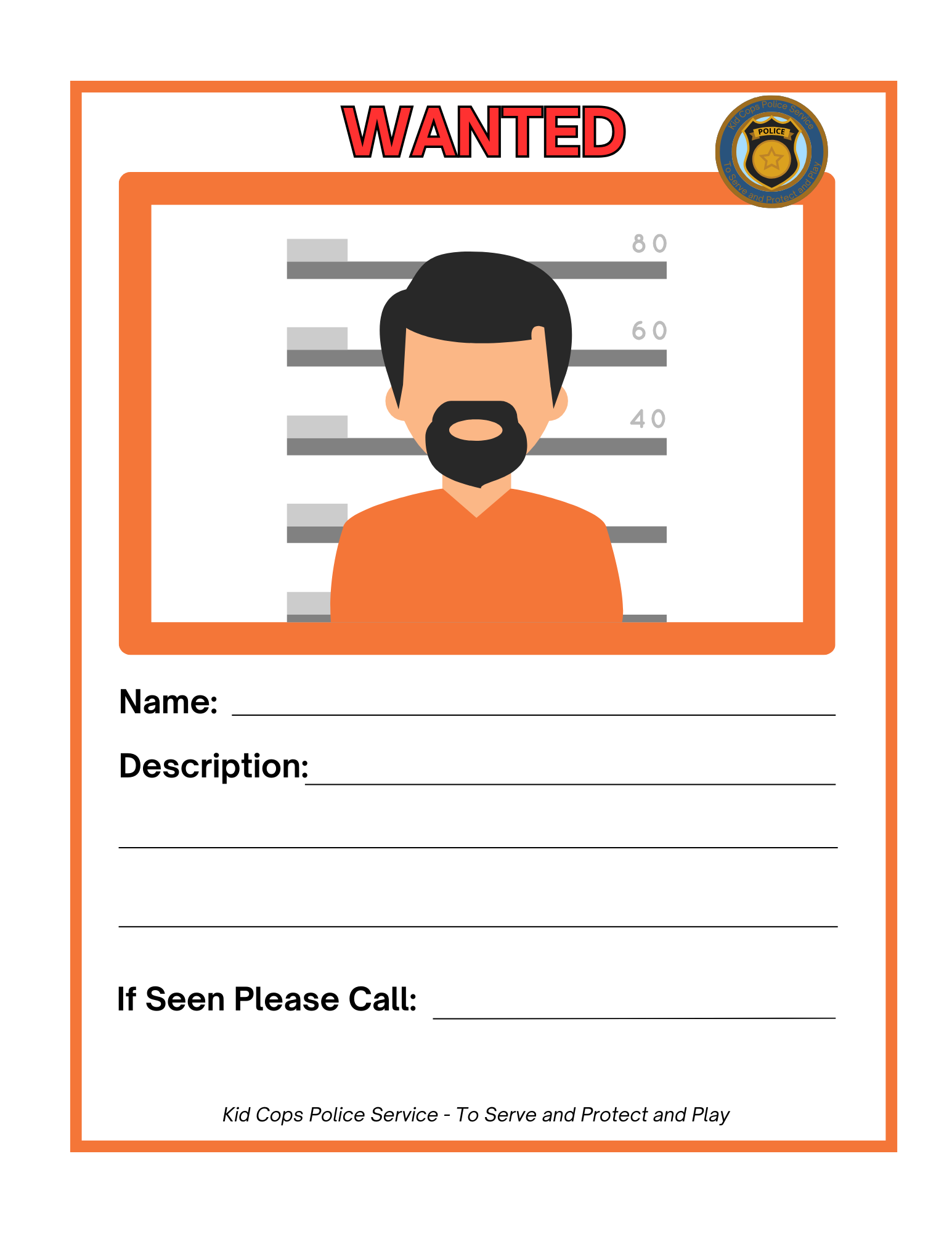 The Police Station Pretend Play set from Wondermom Shop includes a versatile wanted poster with a simple illustration of a person and designated areas for filling in details such as name, description, and contact information. It’s ideal for imaginative play at police stations, enabling kids to engage in role-playing activities like issuing traffic tickets or giving out police badges.