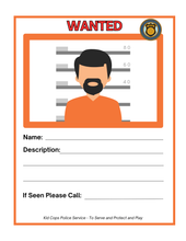 Load image into Gallery viewer, The Police Station Pretend Play set from Wondermom Shop includes a versatile wanted poster with a simple illustration of a person and designated areas for filling in details such as name, description, and contact information. It’s ideal for imaginative play at police stations, enabling kids to engage in role-playing activities like issuing traffic tickets or giving out police badges.
