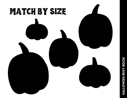 Five black pumpkin silhouettes of different sizes, labeled "Match by Size," are displayed under the "Halloween Busy Book for Kids" banner by Wondermom Shop. This Halloween-themed activity encourages learning through play, offering a fun and educational experience.