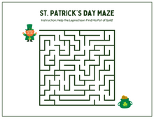 Load image into Gallery viewer, Explore an educational game with Wondermom Shop&#39;s St. Patrick’s Day Activity Pages. Navigate the maze from left to right, guiding the leprechaun to his pot of gold. Perfect for engaging St. Patrick&#39;s Day activities!.

