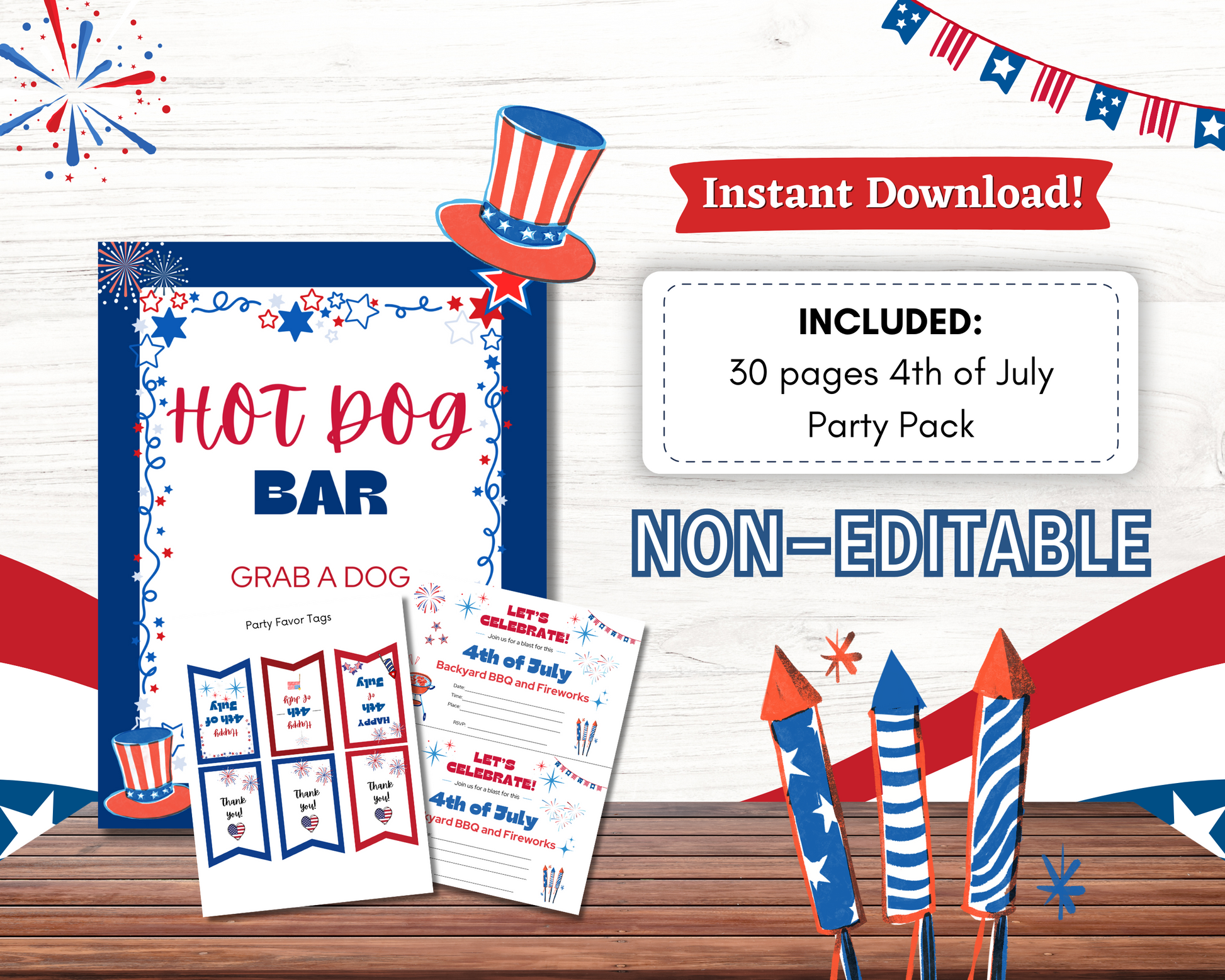 Celebrate Independence Day with the Printable 4th of July Party Pack by Wondermom Shop—includes a “Hot Dog Bar” sign, labels, and rocket decor in patriotic red, white & blue designs. Perfect for your party! NON-EDITABLE.