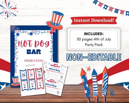 Celebrate Independence Day with the Printable 4th of July Party Pack by Wondermom Shop—includes a “Hot Dog Bar” sign, labels, and rocket decor in patriotic red, white & blue designs. Perfect for your party! NON-EDITABLE.