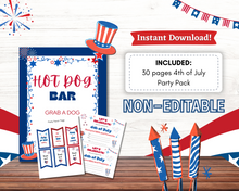 Load image into Gallery viewer, Celebrate Independence Day with the Printable 4th of July Party Pack by Wondermom Shop—includes a “Hot Dog Bar” sign, labels, and rocket decor in patriotic red, white &amp; blue designs. Perfect for your party! NON-EDITABLE.
