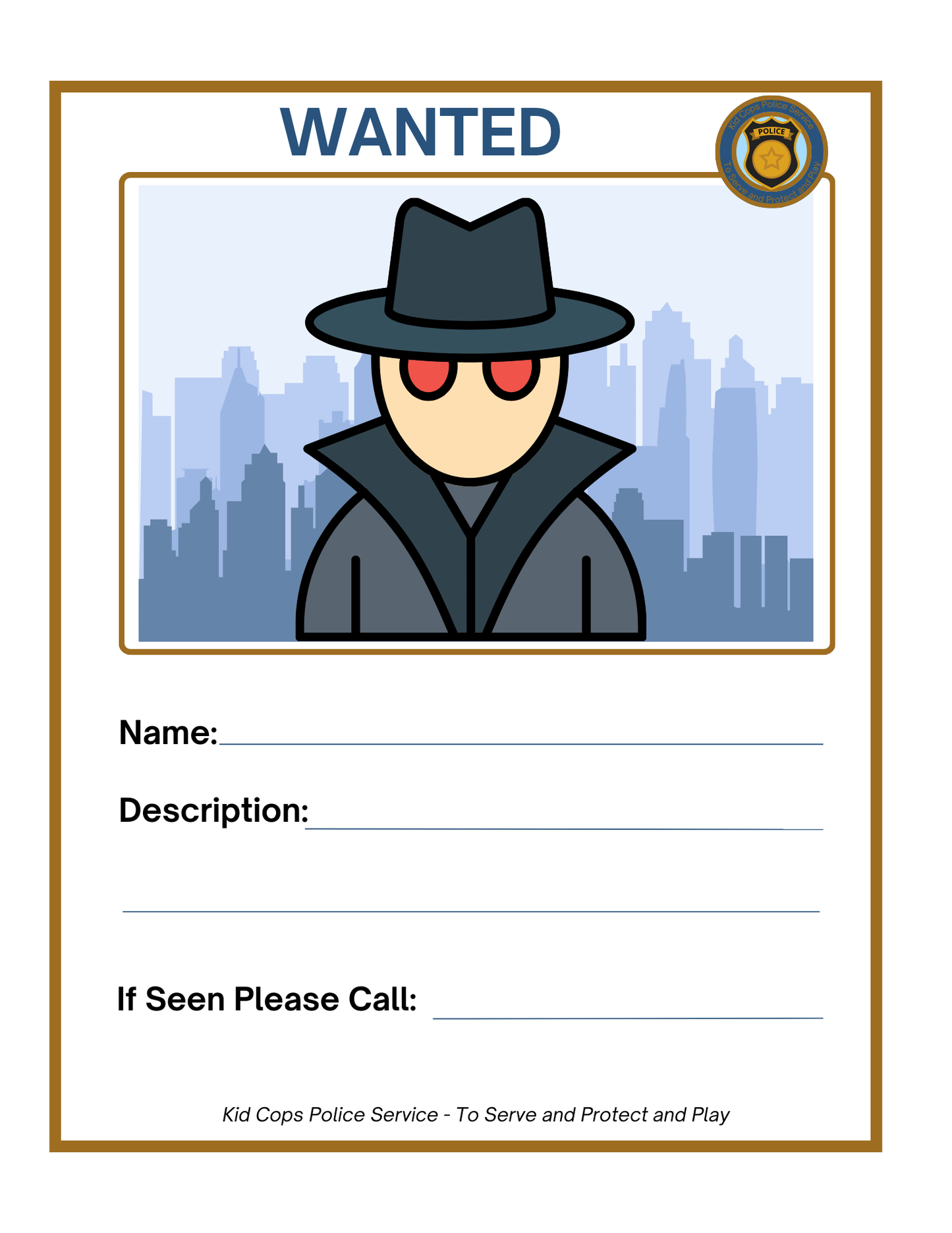 The *Police Station Pretend Play* kit by Wondermom Shop includes a wanted poster showcasing a cartoon character in a trench coat and hat, complete with red eyes against a cityscape background. This set is ideal for young aspiring officers as it allows them to fill in blank spaces for name, description, and contact info—perfect for handing out pretend traffic tickets or earning police badges.