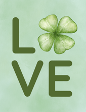 Load image into Gallery viewer, Wondermom Shop&#39;s St. Patrick’s Day Printable Decor features the word &quot;LOVE&quot; with a four-leaf clover as the &quot;O&quot; on a pale green background, adding Irish charm to your celebration.
