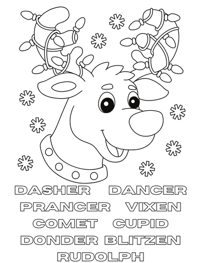A festive Christmas coloring page featuring a reindeer from the Wondermom Shop's Christmas Coloring Pages.