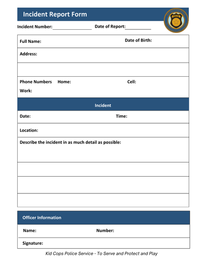 A blank incident report form from Wondermom Shop's Police Station Pretend Play set, featuring fields for personal and incident details such as name, date, location, and officer information. Ideal for engaging in imaginative play at your personal police station or for issuing playful traffic tickets to complement your gleaming police badges.