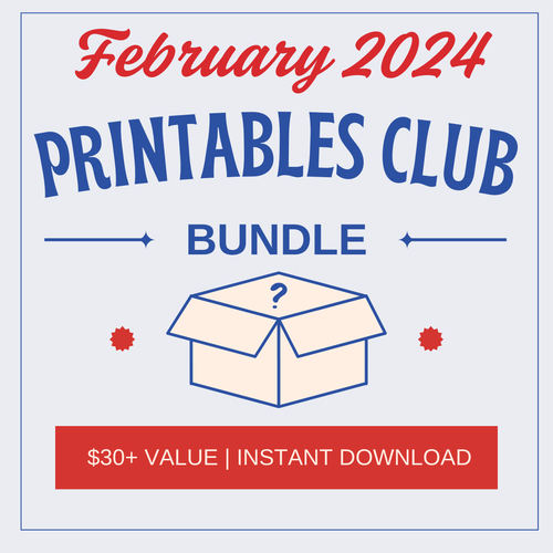 Promotional graphic for the Wondermom Shop's February 2024 Printables Club Bundle, showcasing a box icon and 
