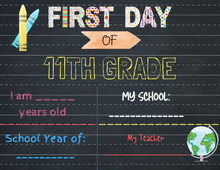 Load image into Gallery viewer, A chalkboard with the words First Day of School Signs by Wondermom Shop.
