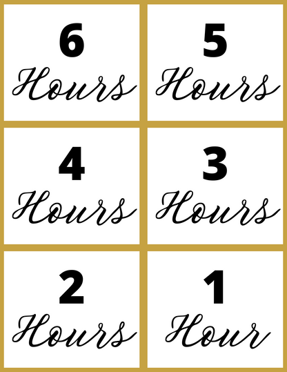 The New Year Countdown Kit from Wondermom Shop includes an interactive printable countdown board with boxes labeled from 6 to 1 Hours, arranged neatly in two columns.