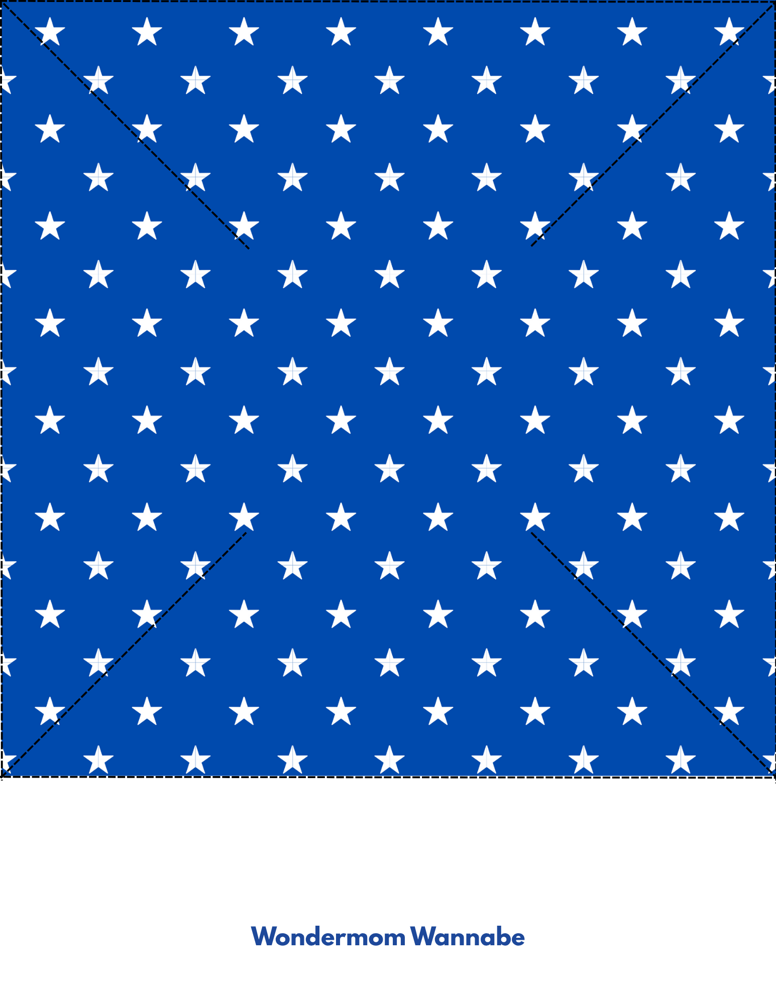 Blue background with white stars, crossed by two diagonal dashed lines in an X. "Wondermom Shop" appears at the bottom. Ideal for 4th of July crafts like the Easy 4th of July Pinwheel Craft for Kids.