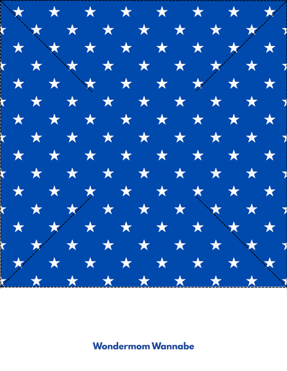 Blue background with white stars, crossed by two diagonal dashed lines in an X. "Wondermom Shop" appears at the bottom. Ideal for 4th of July crafts like the Easy 4th of July Pinwheel Craft for Kids.