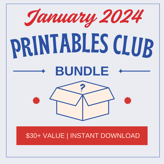 Wondermom Shop’s "January 2024 Printables Club Bundle" graphic features an illustrated box and showcases instant-download organizational tools and goal-setting printables—a $30+ value.