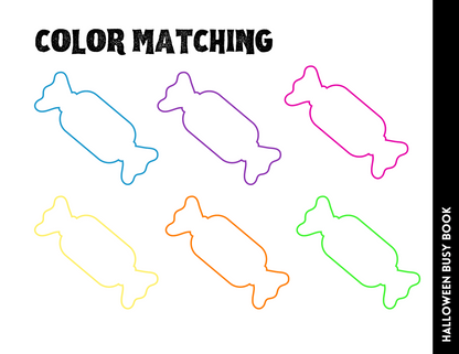 Six colorful candy outlines accompany the "Halloween Busy Book for Kids" by Wondermom Shop, featuring engaging Halloween-themed activities and the text "Color Matching.