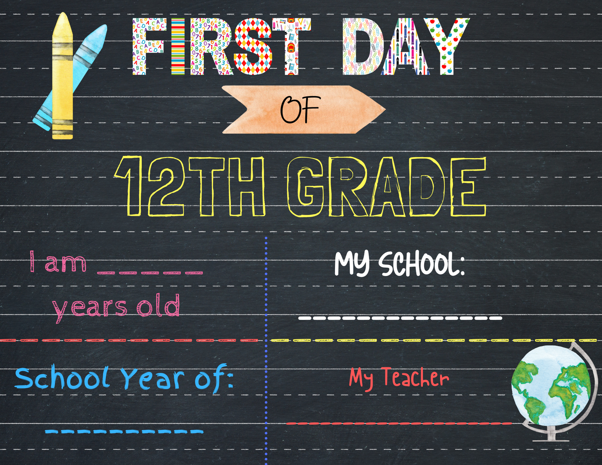 A First Day of School Signs chalkboard with the words first day of 12th grade by Wondermom Shop.