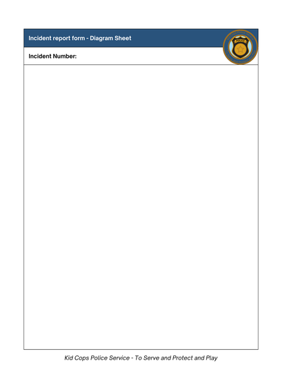 Presenting the essential tool for a pretend play police station: the Police Station Pretend Play set by Wondermom Shop. This diagram sheet for incident reports includes a section for recording incident numbers and displays the Kid Cops Police Service logo, drawing inspiration from traffic tickets and police badges to ensure every detail is captured.