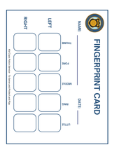 Load image into Gallery viewer, The Wondermom Shop&#39;s Police Station Pretend Play includes a fingerprint card template with designated spaces for each finger&#39;s print, columns for both hands, and sections to fill out the name and date. It even features a police service logo in the corner to enhance the authenticity of the play experience.
