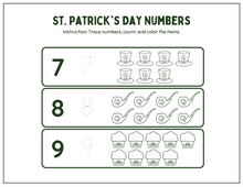 Load image into Gallery viewer, Check out the St. Patrick’s Day Activity Pages by Wondermom Shop! Kids will love tracing, counting, and coloring top hats, pipes, and cupcakes featuring numbers 7-9. A perfect printable to make learning fun!.
