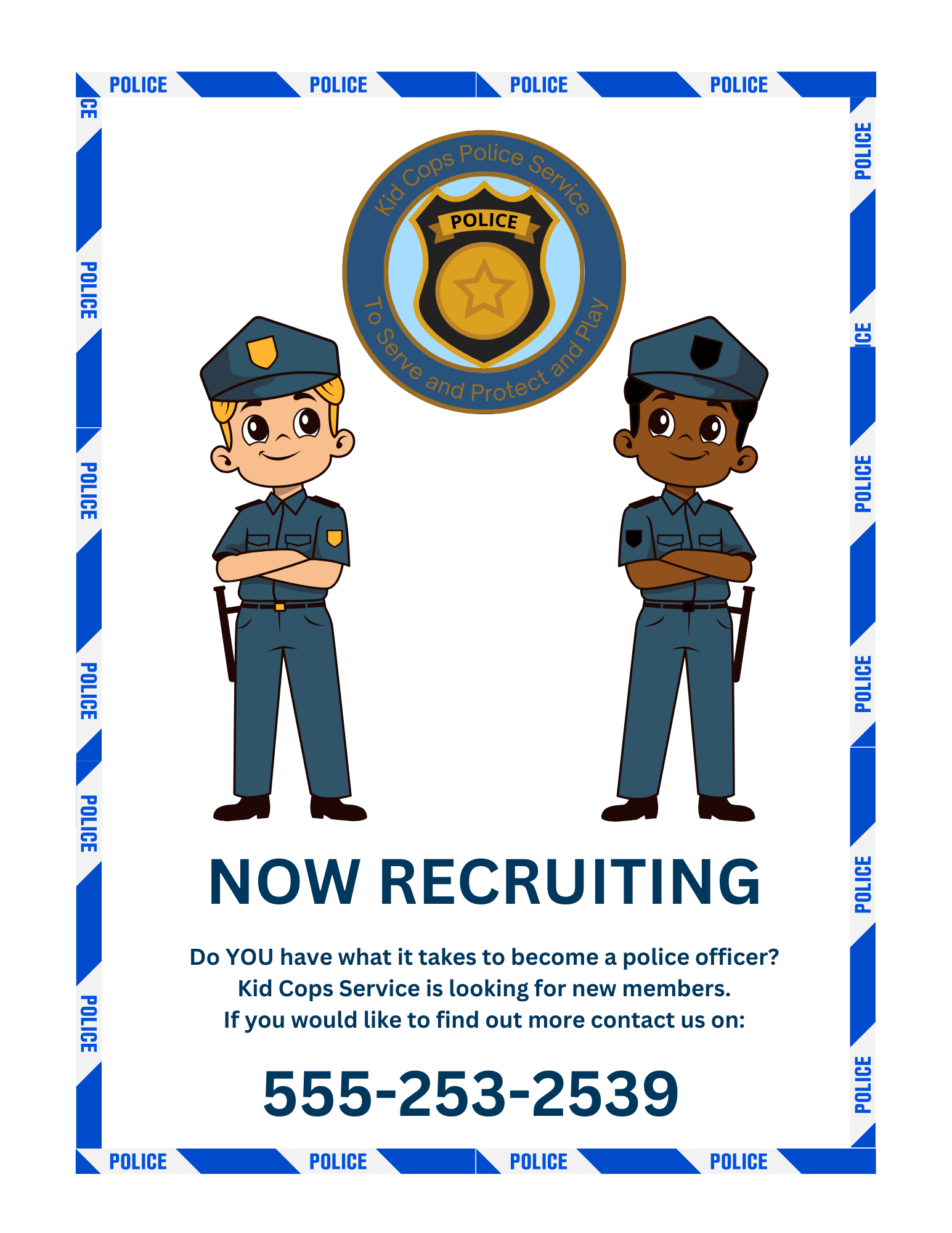 Illustrated recruitment poster for "Kid Cops Police Service," featuring two cartoon officers with a Police Station Pretend Play set by Wondermom Shop. For more imaginative play details or to join our pretend police station, call 555-253-2539.