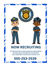 Load image into Gallery viewer, Illustrated recruitment poster for &quot;Kid Cops Police Service,&quot; featuring two cartoon officers with a Police Station Pretend Play set by Wondermom Shop. For more imaginative play details or to join our pretend police station, call 555-253-2539.
