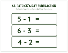 Load image into Gallery viewer, Wondermom Shop&#39;s St. Patrick’s Day Activity Pages offer a fun subtraction worksheet with equations like 5-1, 6-3, and 4-2. These engaging printables help kids count and subtract while enjoying festive learning activities!.
