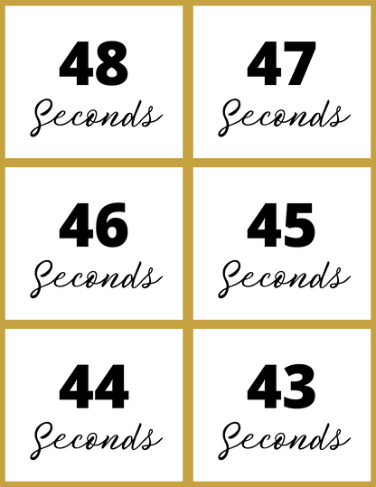 The Wondermom Shop's New Year Countdown Kit includes a dynamic template that counts down from 48 to 43 seconds, displayed in six boxes, each decreasing by one second. Ideal for an interactive printable experience or as part of your customized countdown celebration.