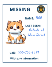 Load image into Gallery viewer, Lost cat notice with an illustration of Bob, an orange and white feline. Last spotted near 43 Main Street, potentially near the Police Station Pretend Play set by Wondermom Shop. Please call 555-253-2539 if you have any details.
