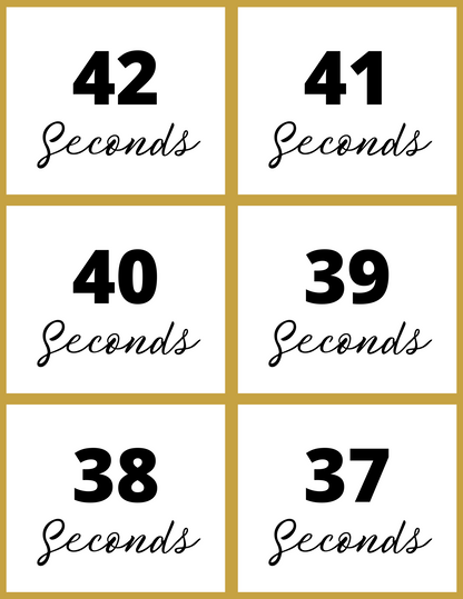 Count down from 42 to 37 seconds with six boxes, each featuring the word "Seconds" in cursive. Ideal for interactive printables or inclusion in Wondermom Shop's New Year Countdown Kit.