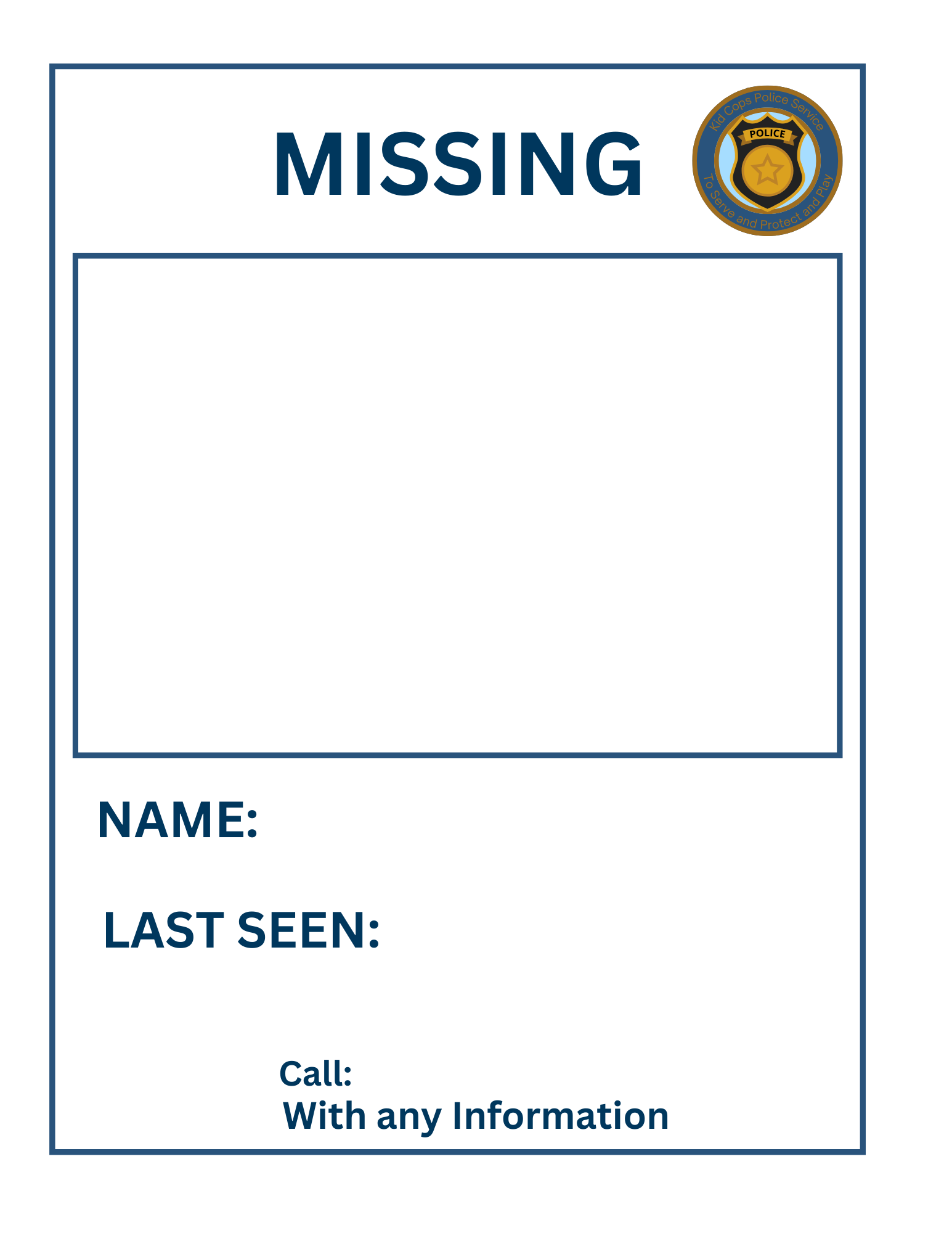 Wondermom Shop's Police Station Pretend Play set includes a customizable missing person poster template featuring sections for a photo, name, police badge details, last seen information, and a contact number for tips.