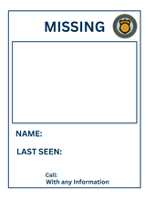 Load image into Gallery viewer, Wondermom Shop&#39;s Police Station Pretend Play set includes a customizable missing person poster template featuring sections for a photo, name, police badge details, last seen information, and a contact number for tips.
