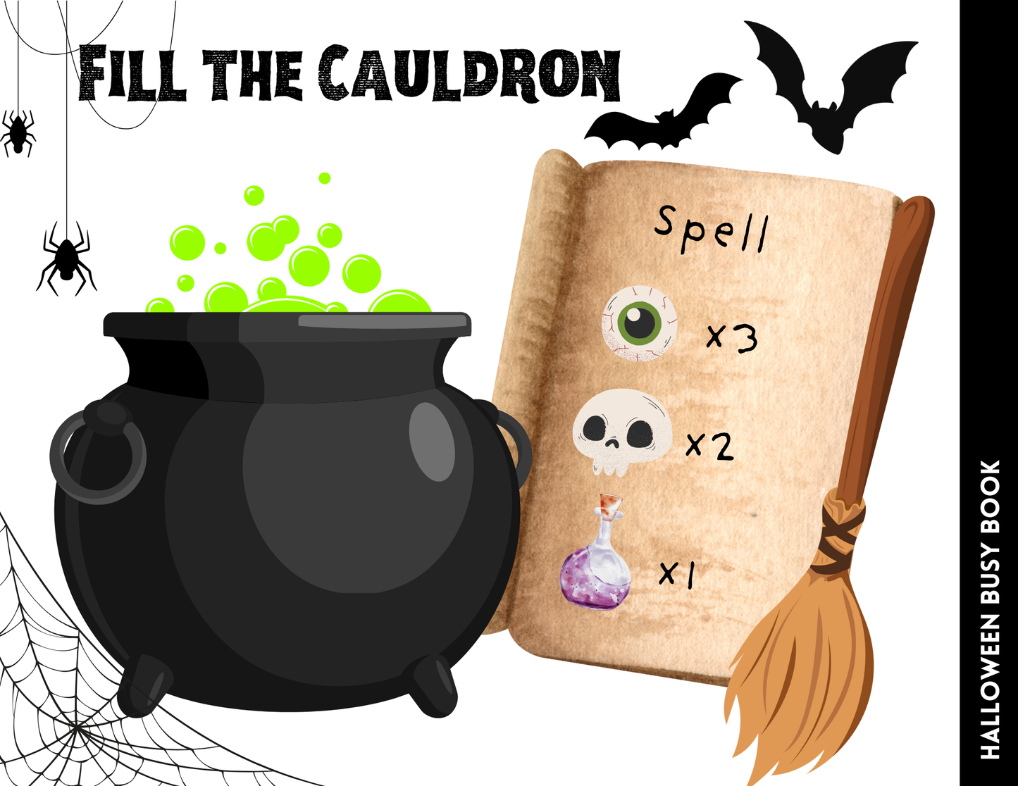 The Halloween Busy Book for Kids, offered by Wondermom Shop, includes a captivating illustration of a cauldron bubbling with green concoctions and a spellbook detailing eyes, skulls, and potions. This scene is completed with bats, spiders, and webs. It's the perfect companion for engaging children in spooky yet educational social-emotional learning activities.