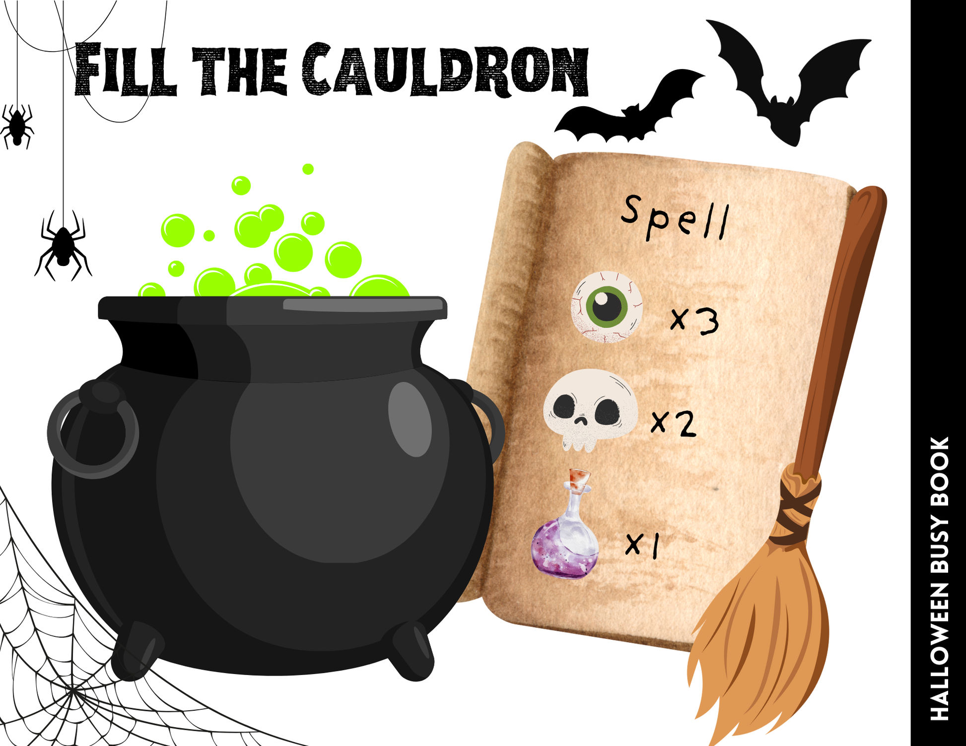 The Halloween Busy Book for Kids, offered by Wondermom Shop, includes a captivating illustration of a cauldron bubbling with green concoctions and a spellbook detailing eyes, skulls, and potions. This scene is completed with bats, spiders, and webs. It's the perfect companion for engaging children in spooky yet educational social-emotional learning activities.
