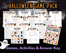 Load image into Gallery viewer, The Ultimate Printable Halloween Game Pack from Wondermom Shop features a variety of spooky fun activities and an answer key, including a candy dice game, scavenger hunt, word search, and more. Decorative graphics and a ghost icon add flair for a hauntingly good time!
