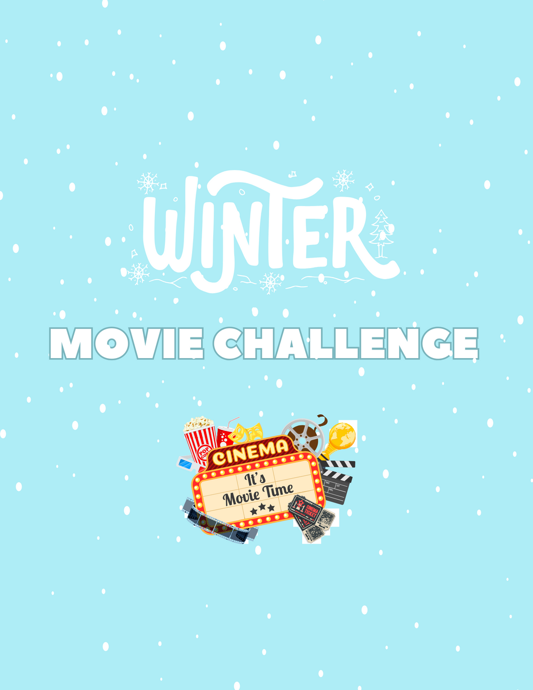 The Wondermom Shop Winter Movie Challenge logo, perfect for movie lovers, set against a vibrant blue background.