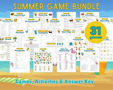 Load image into Gallery viewer, A graphic showcasing a &quot;Summer Game Pack&quot; with 31 summer-themed games and activities for children, including puzzles and word searches, presented in a colorful layout from Wondermom Shop.
