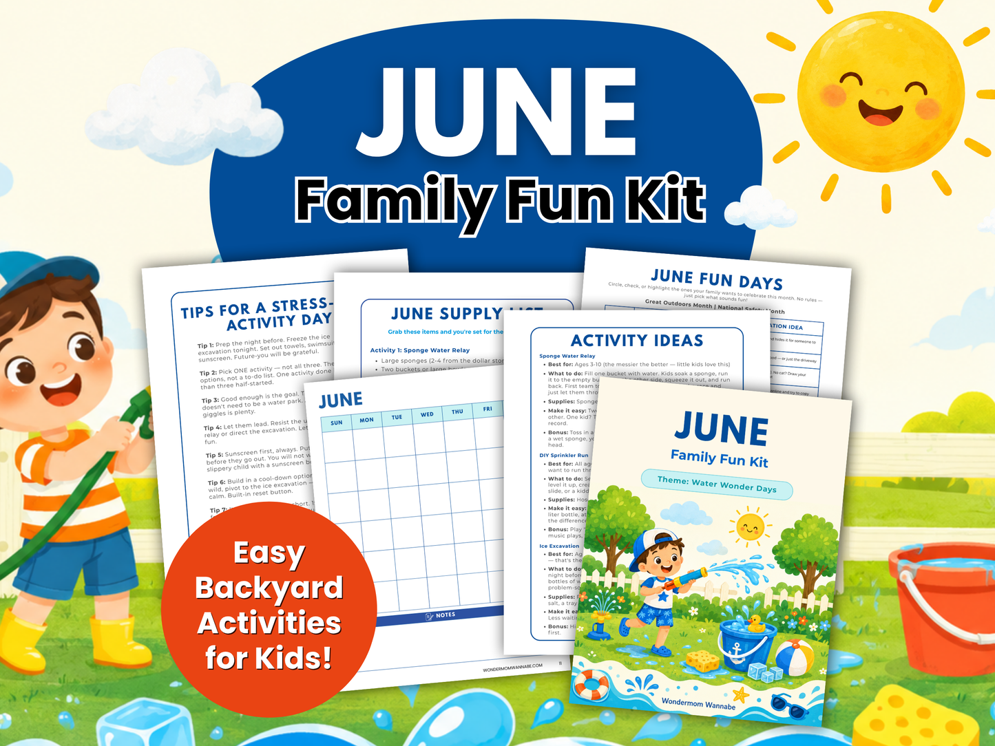 June Family Fun Kit printables with backyard water activities for kids and summer-themed graphics.