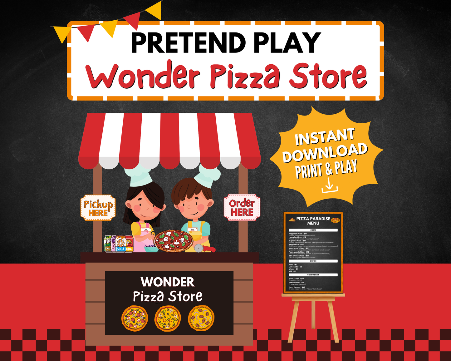 Pretend Play Wonder Pizza Store printable kit cover with kids running a pizza shop.