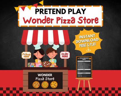 Pretend Play Wonder Pizza Store printable kit cover with kids running a pizza shop.