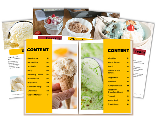 Wondermom Wannabe No Churn Ice Cream Recipes Digital Cookbook brochure template featuring a scoop of homemade frozen treats.