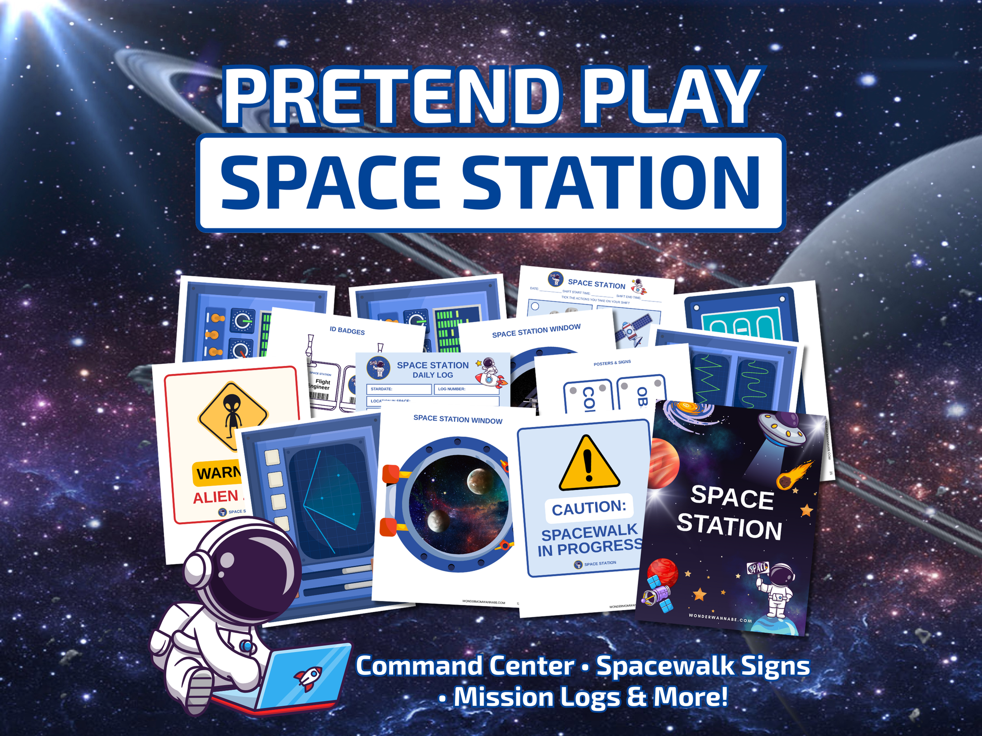 Pretend Play Space Station printable set with spacewalk signs, mission logs, ID badges, and space station windows for imaginative kids' play.