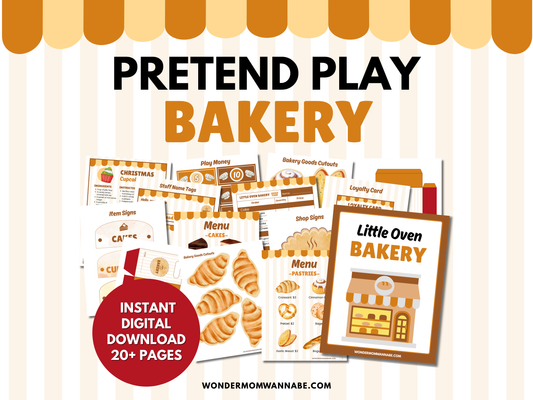 Printable Pretend Play Bakery Kit with menus, recipe cards, play money, bakery signs, and cutout pastries. Instant digital download.