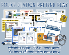 Load image into Gallery viewer, Embark on a thrilling adventure with the Police Station Pretend Play set from Wondermom Shop. This imaginative collection includes badges, tickets, reports, and a variety of law enforcement-themed items for endless role-playing excitement.
