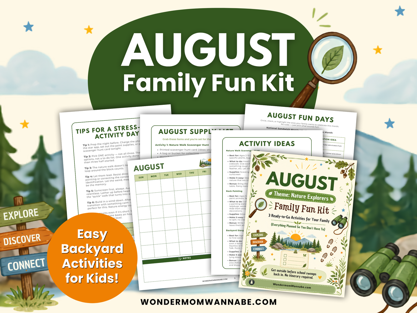 Preview of the August Family Fun Kit printable featuring nature themed activity pages, planner, calendar, and backyard activities for kids.