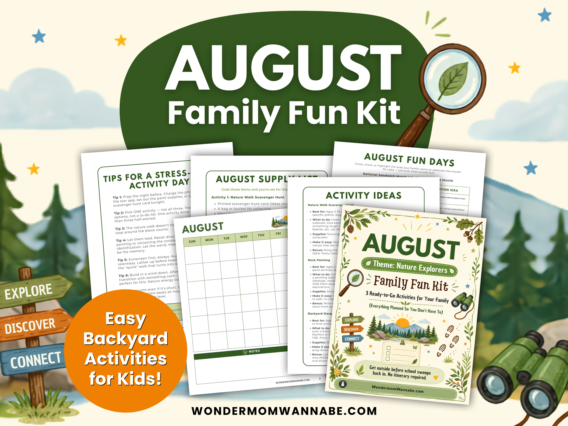 Preview of the August Family Fun Kit printable featuring nature themed activity pages, planner, calendar, and backyard activities for kids.