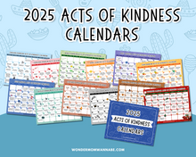 Load image into Gallery viewer, Nine vivid 2025 Monthly Acts of Kindness Calendars from Wondermom Shop, each highlighting a special design, are elegantly displayed on a blue background embellished with cactus illustrations. Experience the delight of daily acts of kindness with these beautifully crafted calendars in a printable format.
