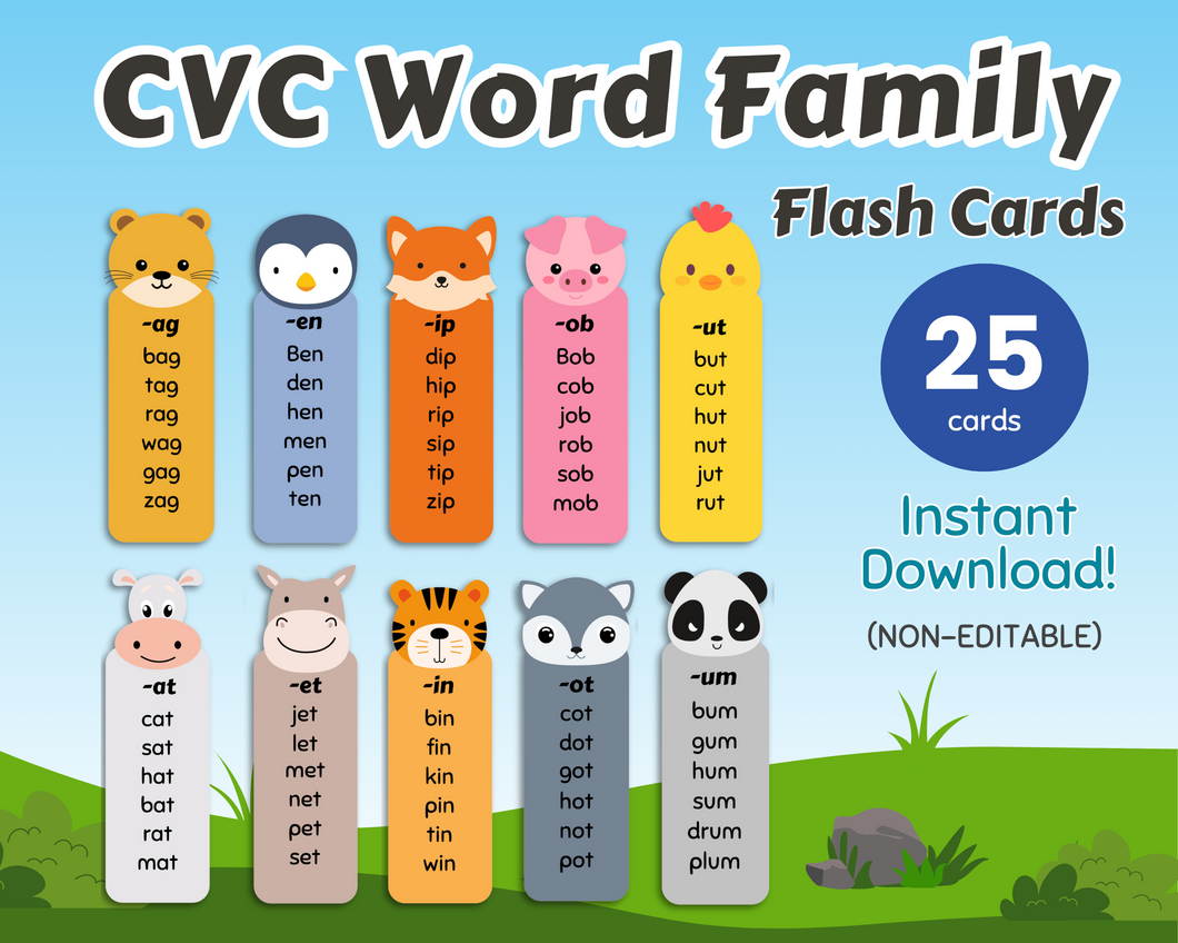Educational CVC Flashcards for word families featuring cartoon animals, with examples and categories labeled, set against a grassy background to enhance early reading and phonics skills by Wondermom Shop.