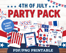Load image into Gallery viewer, Celebrate Independence Day with the Printable 4th of July Party Pack from Wondermom Shop! This 30-page set features red, white, and blue star-themed decor—hot dog boxes, favor tags, cupcake toppers, and more.
