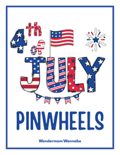 Load image into Gallery viewer, Celebrate with the Easy 4th of July Pinwheel Craft for Kids from Wondermom Shop—printable patterns featuring stars, stripes, flags, and fireworks in red, white, and blue.
