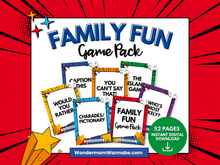 Load image into Gallery viewer, The Wondermom Shop Family Fun Game Pack features cards for games like Would You Rather, Charades, Who’s Most Likely, and includes a 52-page printable pack—ideal for parties and available as an instant digital download.

