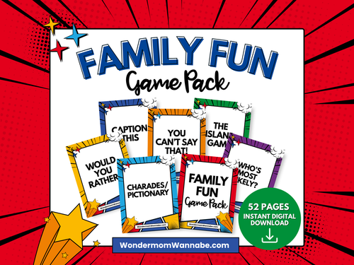 The Wondermom Shop Family Fun Game Pack features cards for games like Would You Rather, Charades, Who’s Most Likely, and includes a 52-page printable pack—ideal for parties and available as an instant digital download.